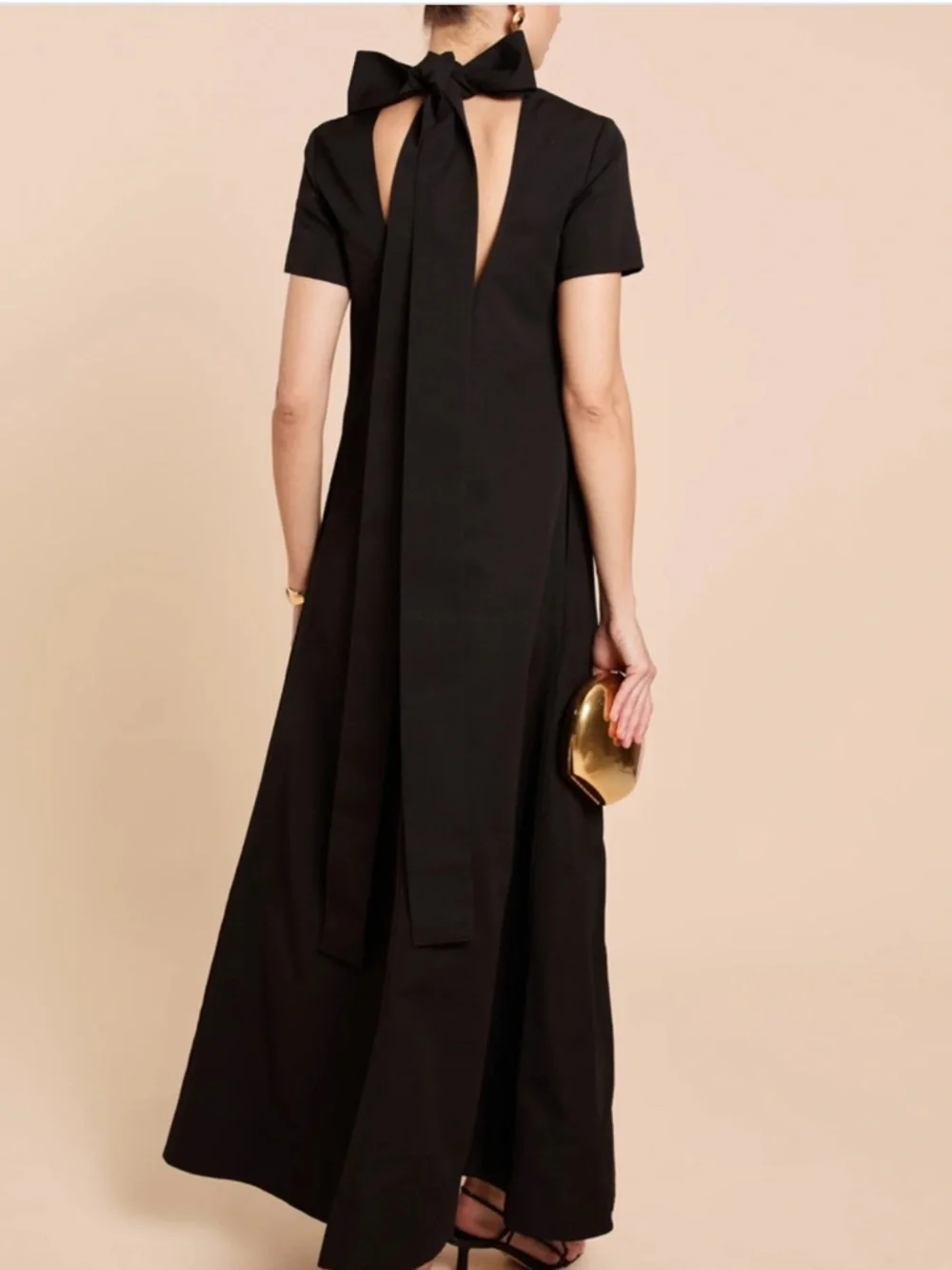High-Neck Black Short-Sleeve Maxi Dress